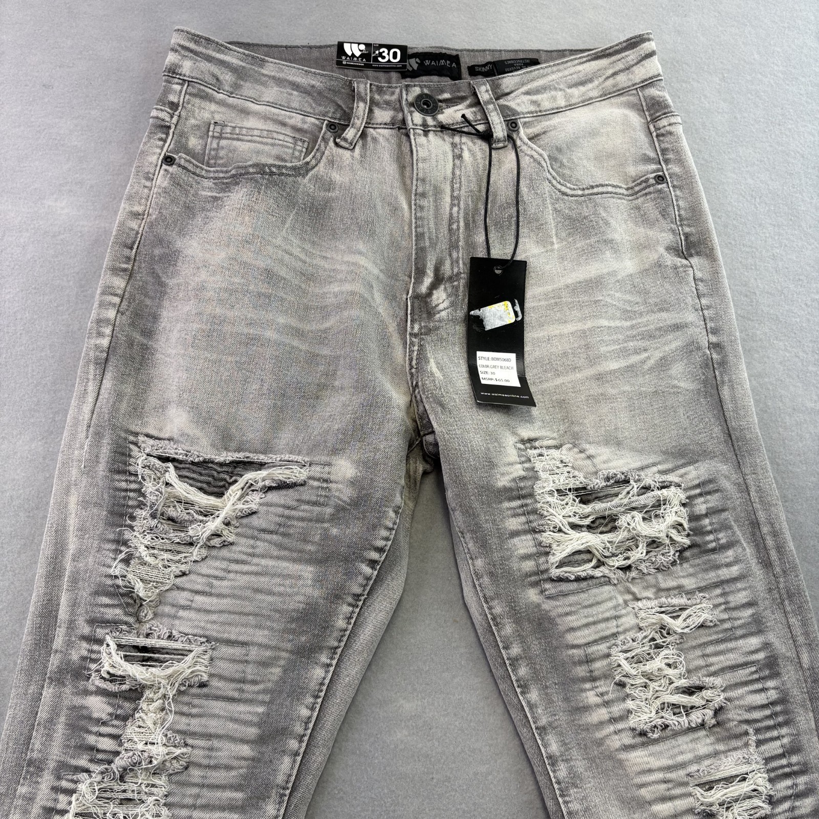 WAIMEA Denim Jeans Mens Size 30 Gray Skinny Fit Distressed Moto NWT