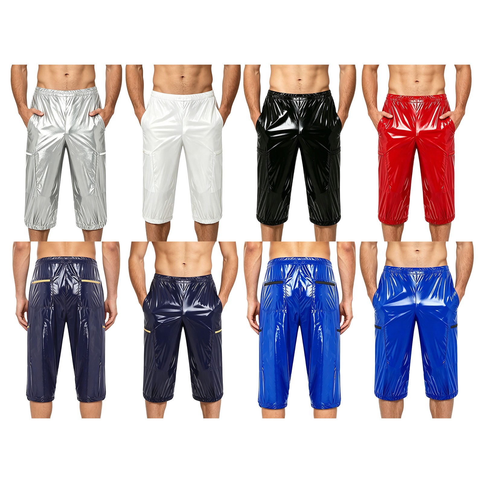 US Men Reusable Plastic Panites Pvc Wet Look Shorts Zipper Pockets High Waist