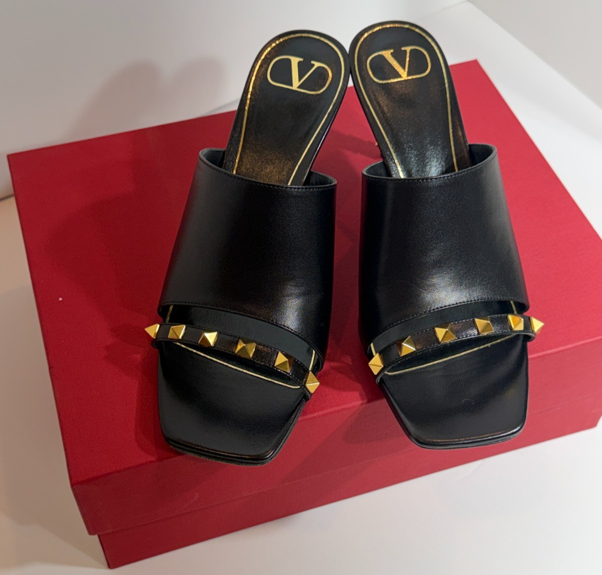 New Valentino Black Slide Sandals with Rockstud Accents 3 Inch Heels Size 38