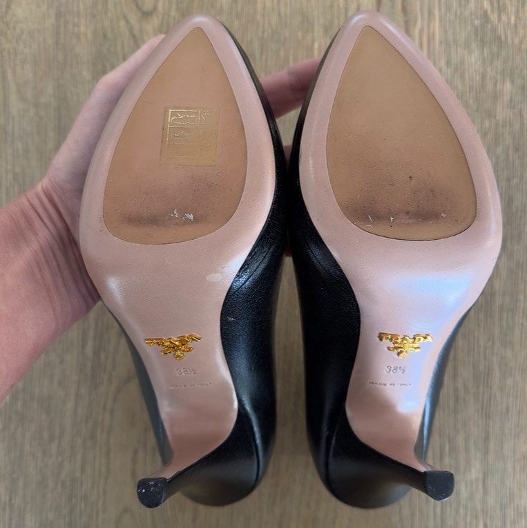 PRADA 120mm Saffiano Pumps-Italian Designer Black Round Toe High Heels-Sz US 8.5