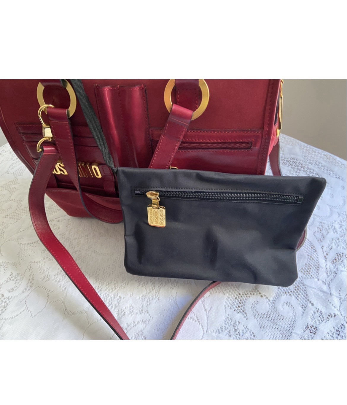 Vintage Moschino by Redwall Satin Novelty Satchel Red Gold Hardware Heart Charm