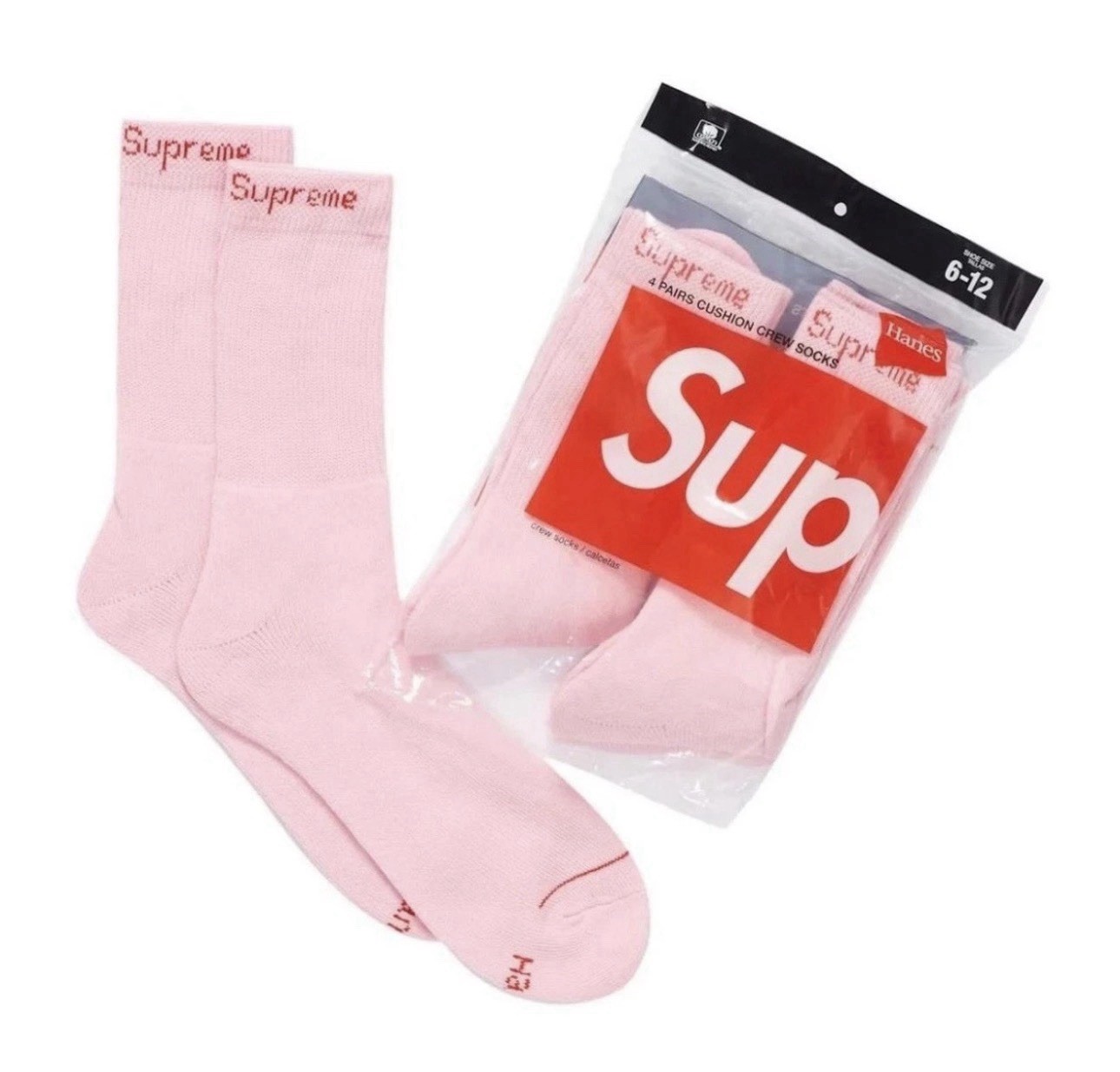 Supreme x Hanes Pink Crew Socks 4-Pack Size 6-12 Hypebeast Authentic Fast Ship