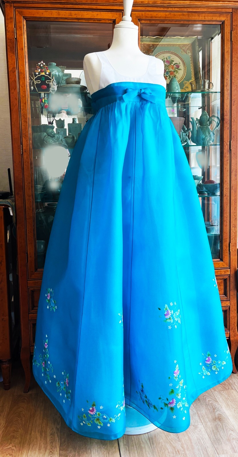 M Silk Traditional Korean Hanbok Set–Turquoise Blue Top/ Skirt with Floral Print