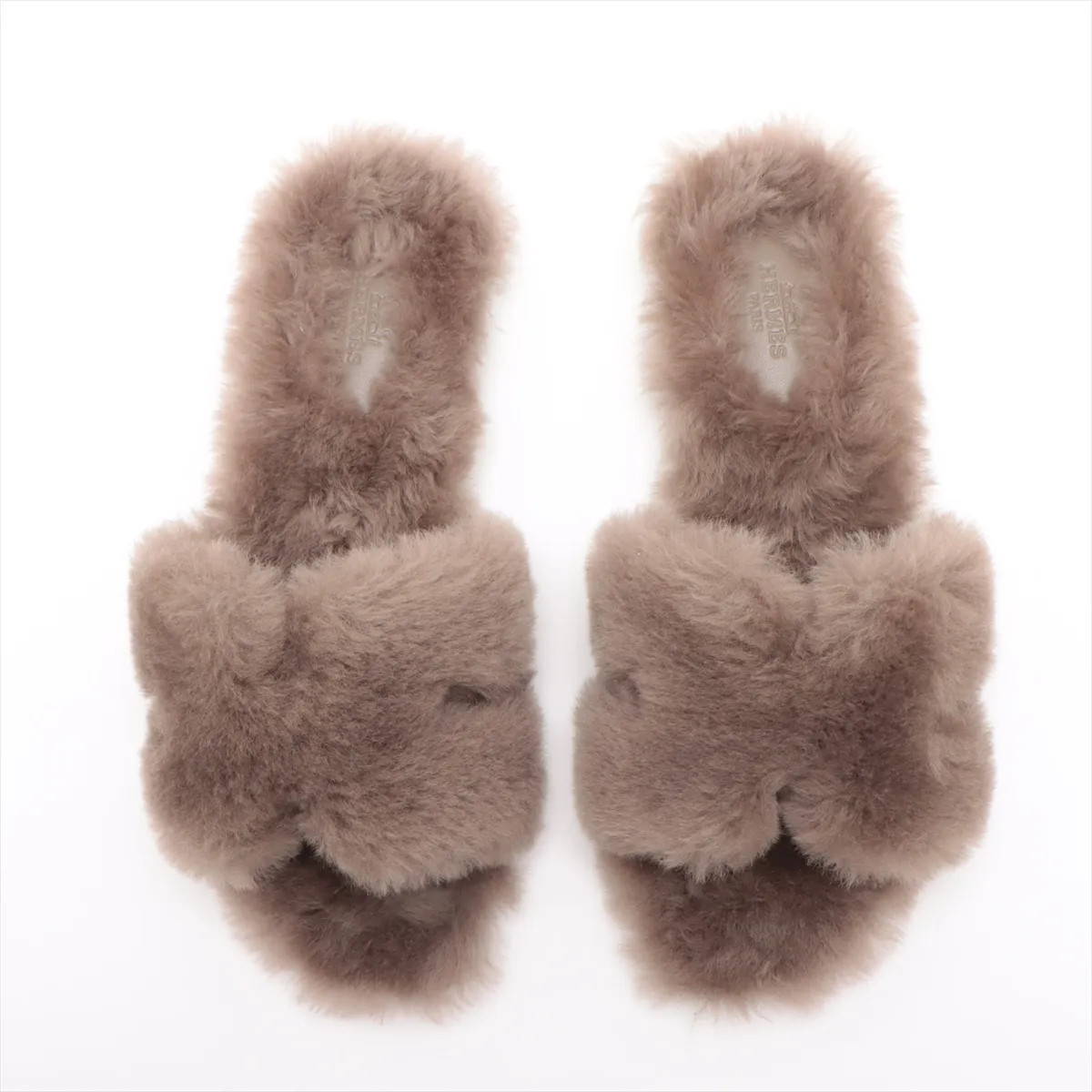 Hermès Oran Fur × Leather Sandals 38 Ladies’ Greige 231288Z Sheepskin Box There