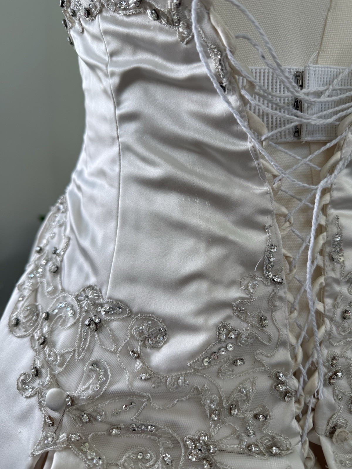 Kenneth Pool Strapless Beaded Satin Ball Gown Wedding Dress Corset Back Train