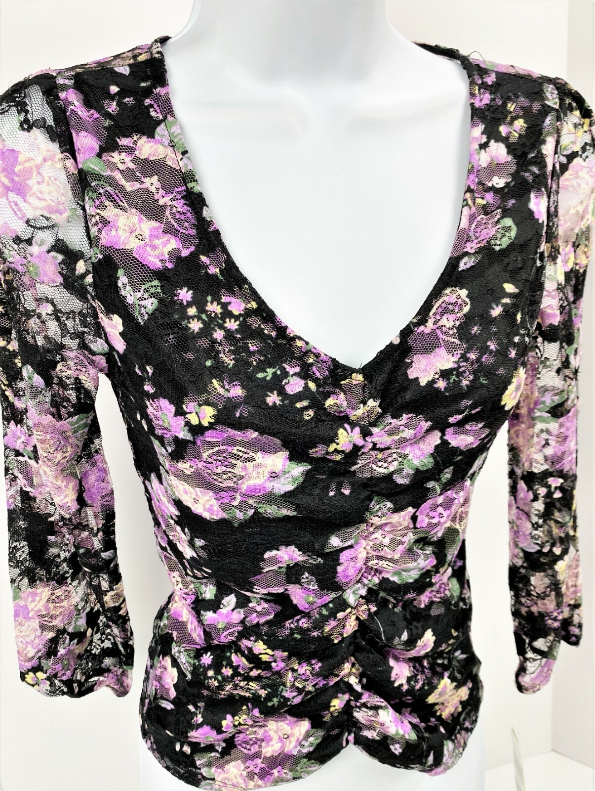 Junior Medium Almost Famous Lace Top Slit Sleeves Shirt Pullover Semi Sheer