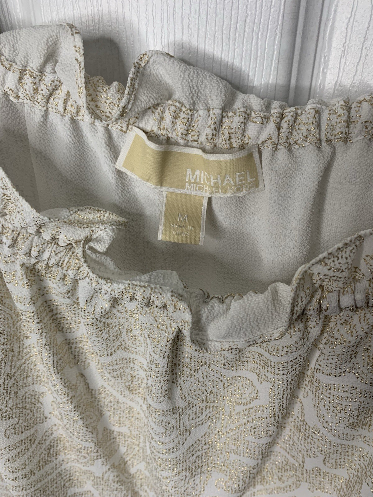 Michael Michael Kors Off-Shoulder Paisley Ruffle Knit Blouse M White Gold