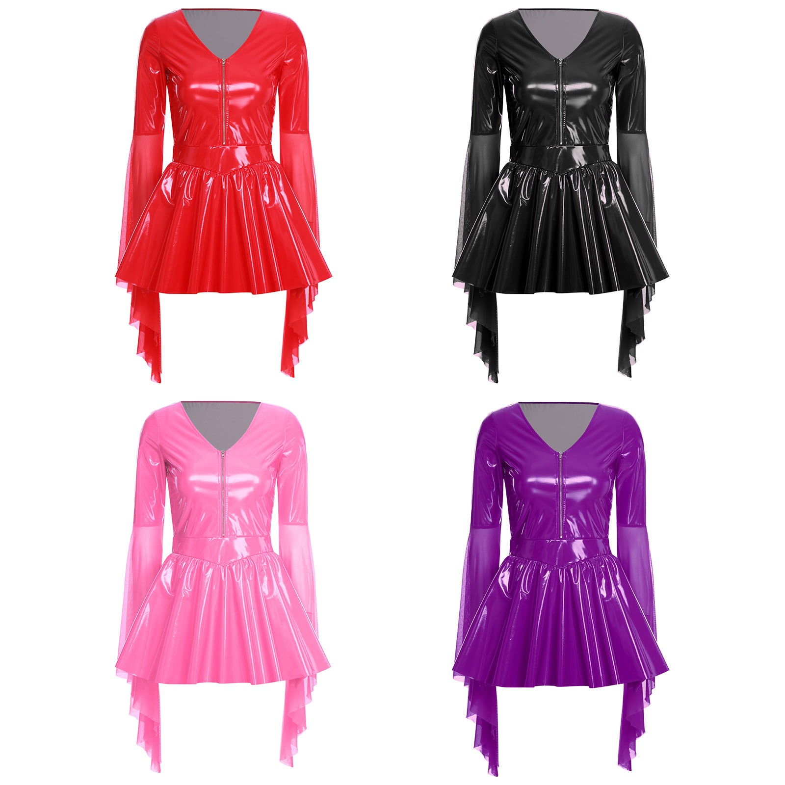 Women Wet Look PVC Leather Mini Dress Punk Shiny Dress Mesh Long Sleeves Outfits