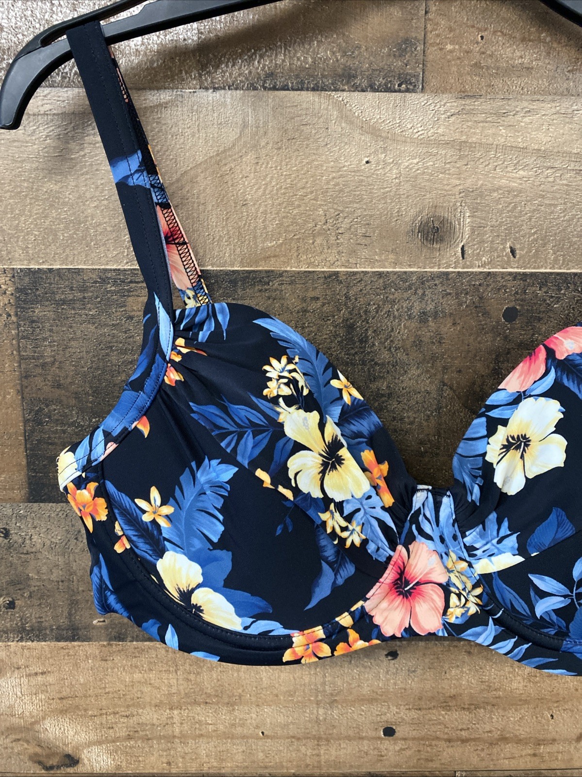 Lands’ End Women’s Retro Underwire Bikini Top – Black Floral SPF-50 Size 10