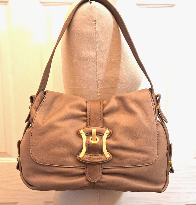 B. MAKOWSKY Taupe Leather Shoulder Hobo Bag Gold Bow Shaped Buckle NWOT