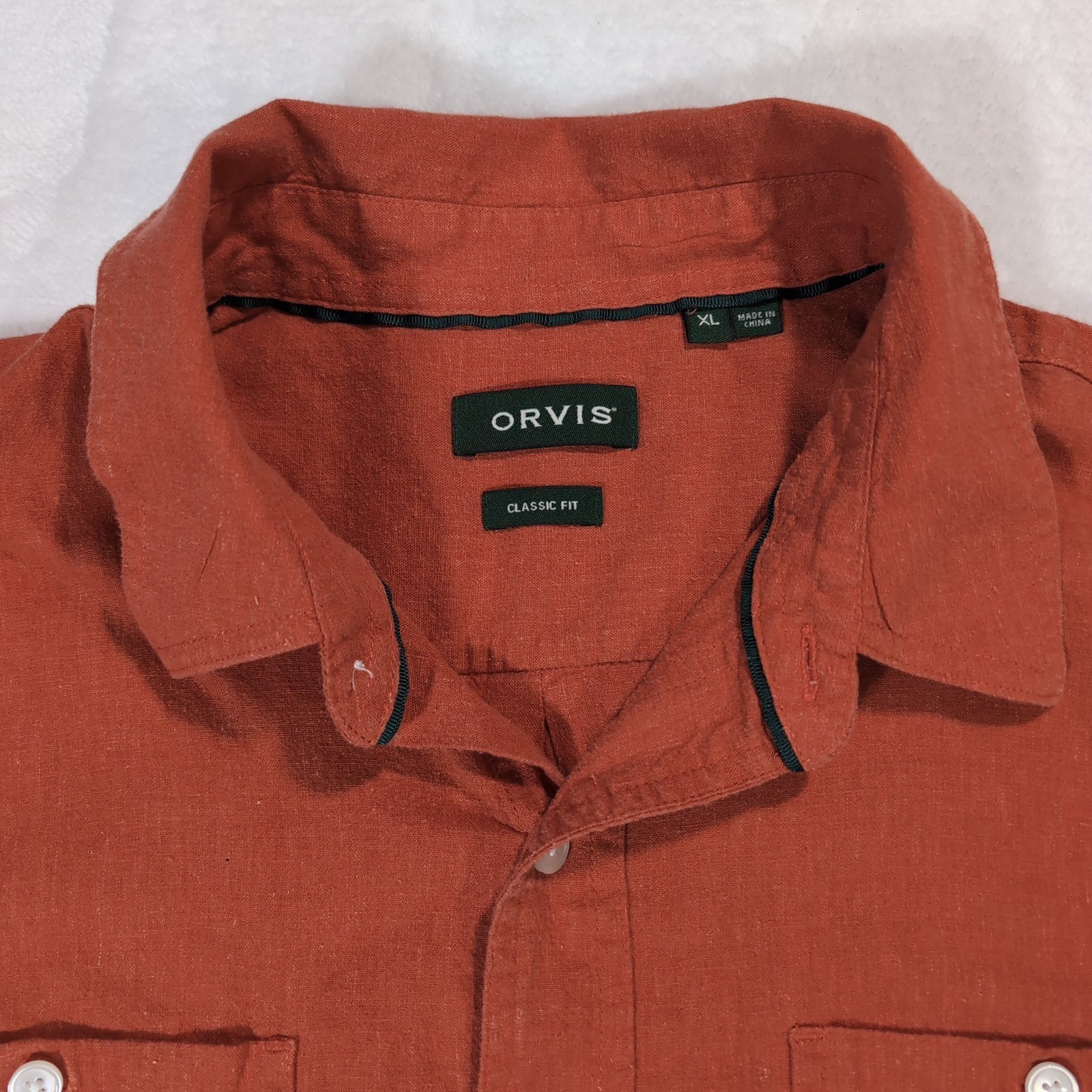 Orvis Button Down Shirt Mens XL Burnt Orange Hemp Blend Short Sleeve Classic Fit