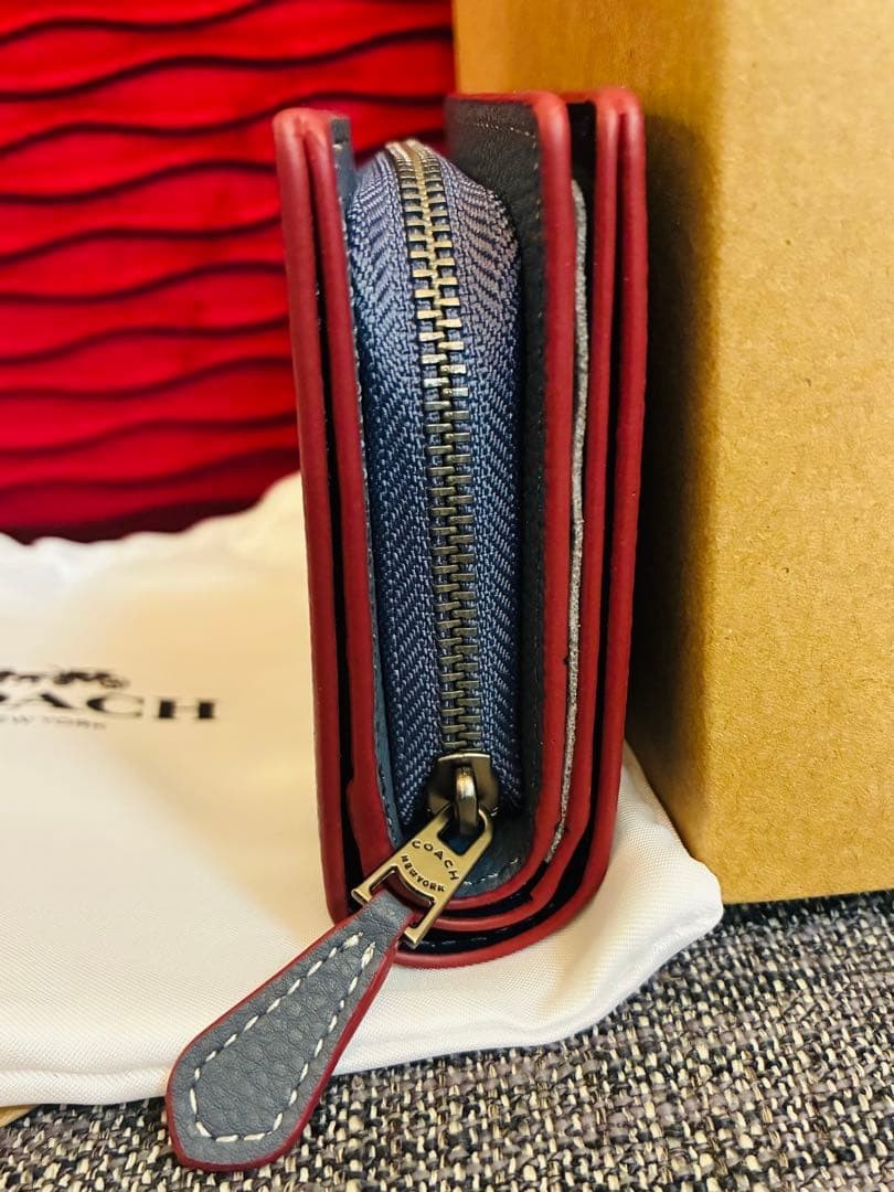 COACH x Peanuts Snoopy Snap Wallet Leather Bifold Wallet Blue Red New