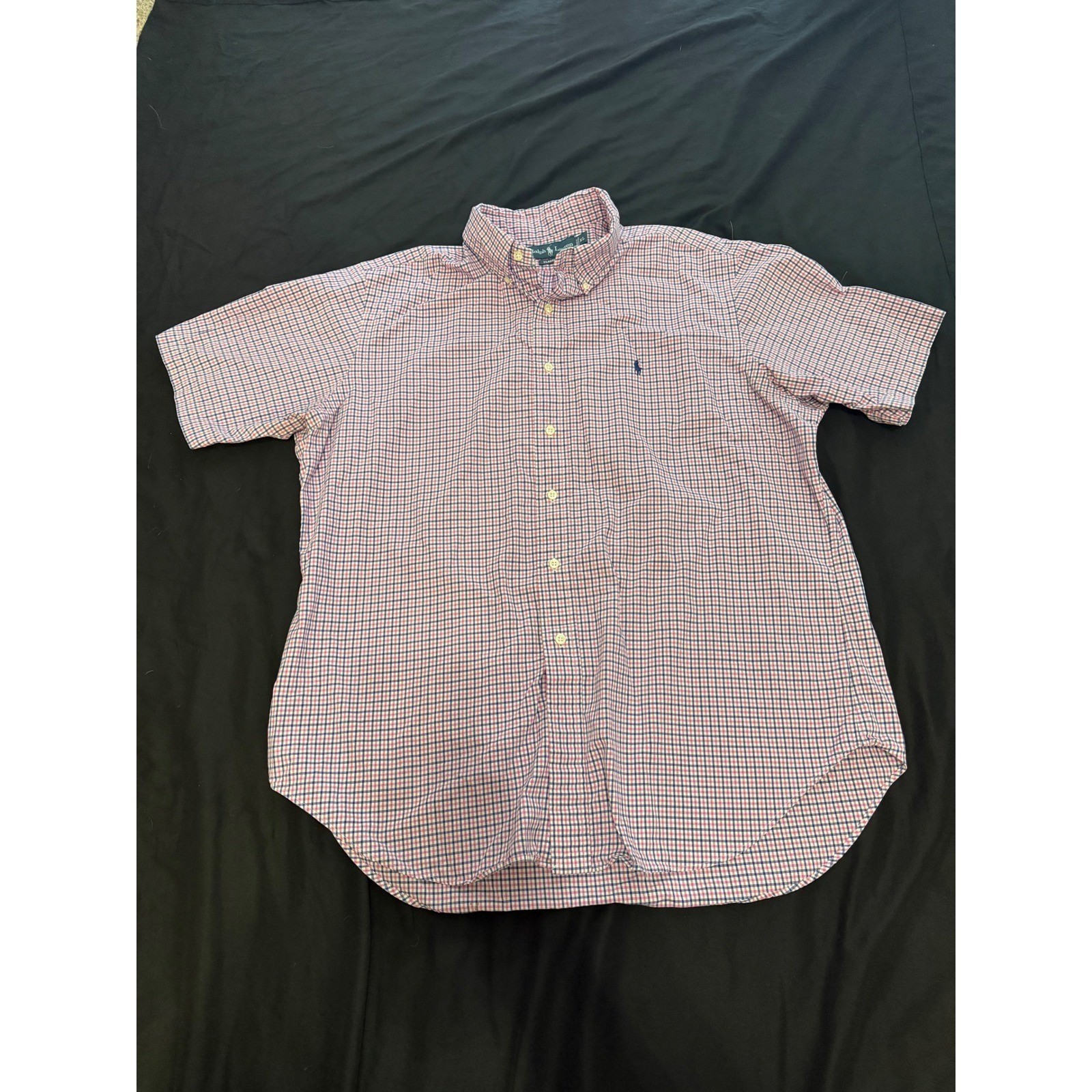 Ralph LaurenClassic Fit Mens XL Short Sleeve Gingham Button Down Shirt Pink Navy