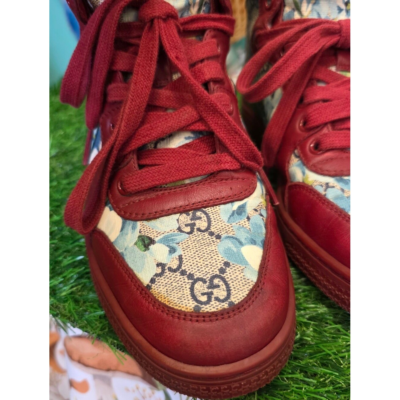 Gucci GG Blooms Floral High Top Sneakers Red Leather Canvas Shoes Size 37