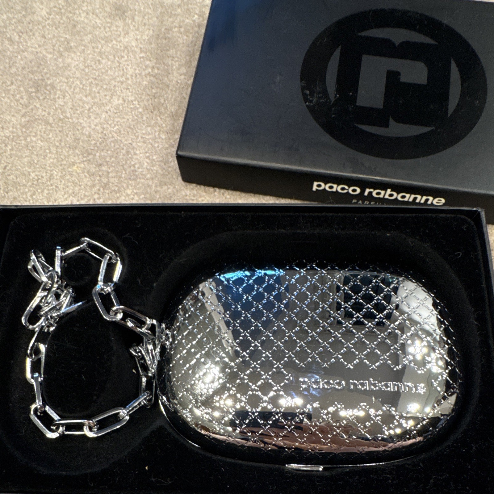 Paco Rabanne Silver Metallic Oval Clutch Chain Strap w/ Box
