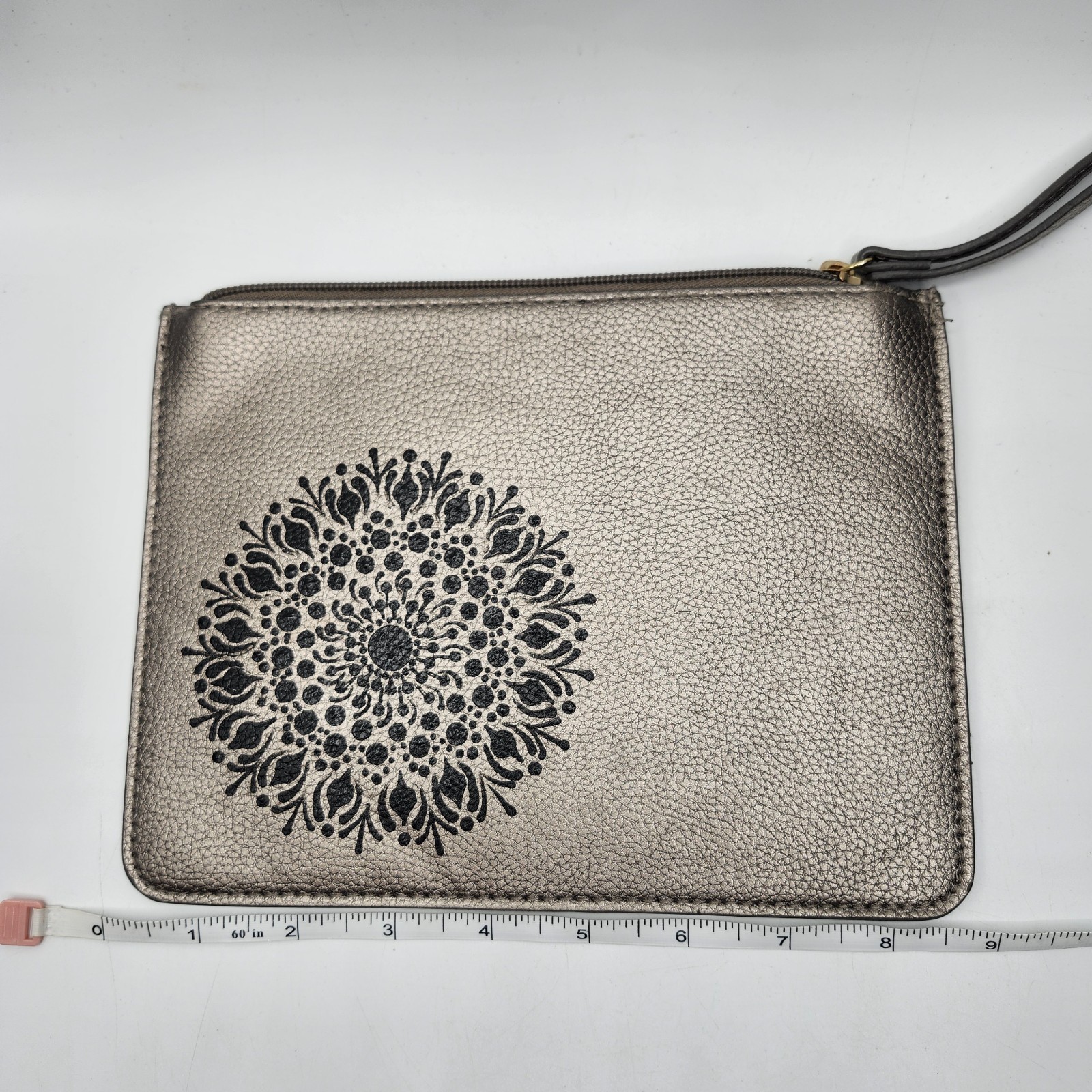 Black Boho Mandala Hand Painted Upcycle Art Metallic Gray Wristlet OOAK