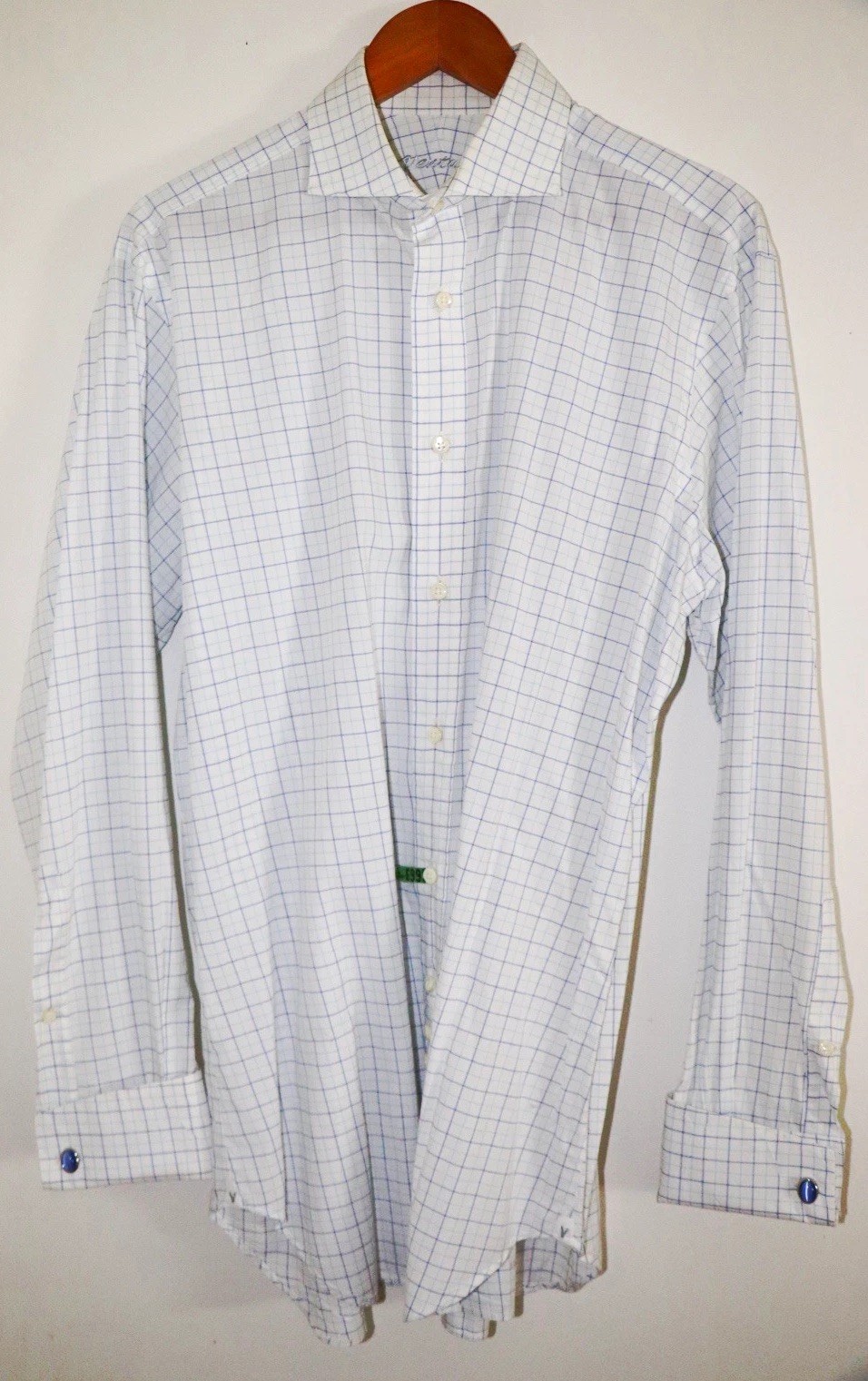 Custom Ventura Tailored White/Blue Check Cotton Dress Shirt French Cuff Shirt