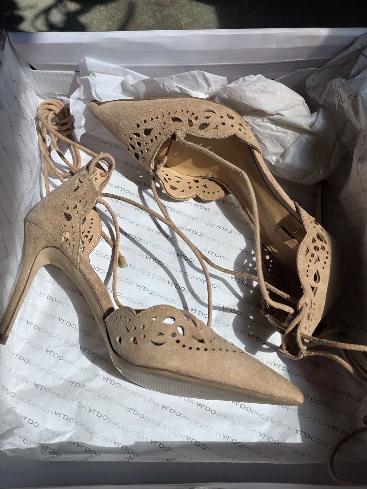 ALDO Antoinette Size 6 Nude Beige Suede Lace Up Stiletto Heels Pumps Never Worn