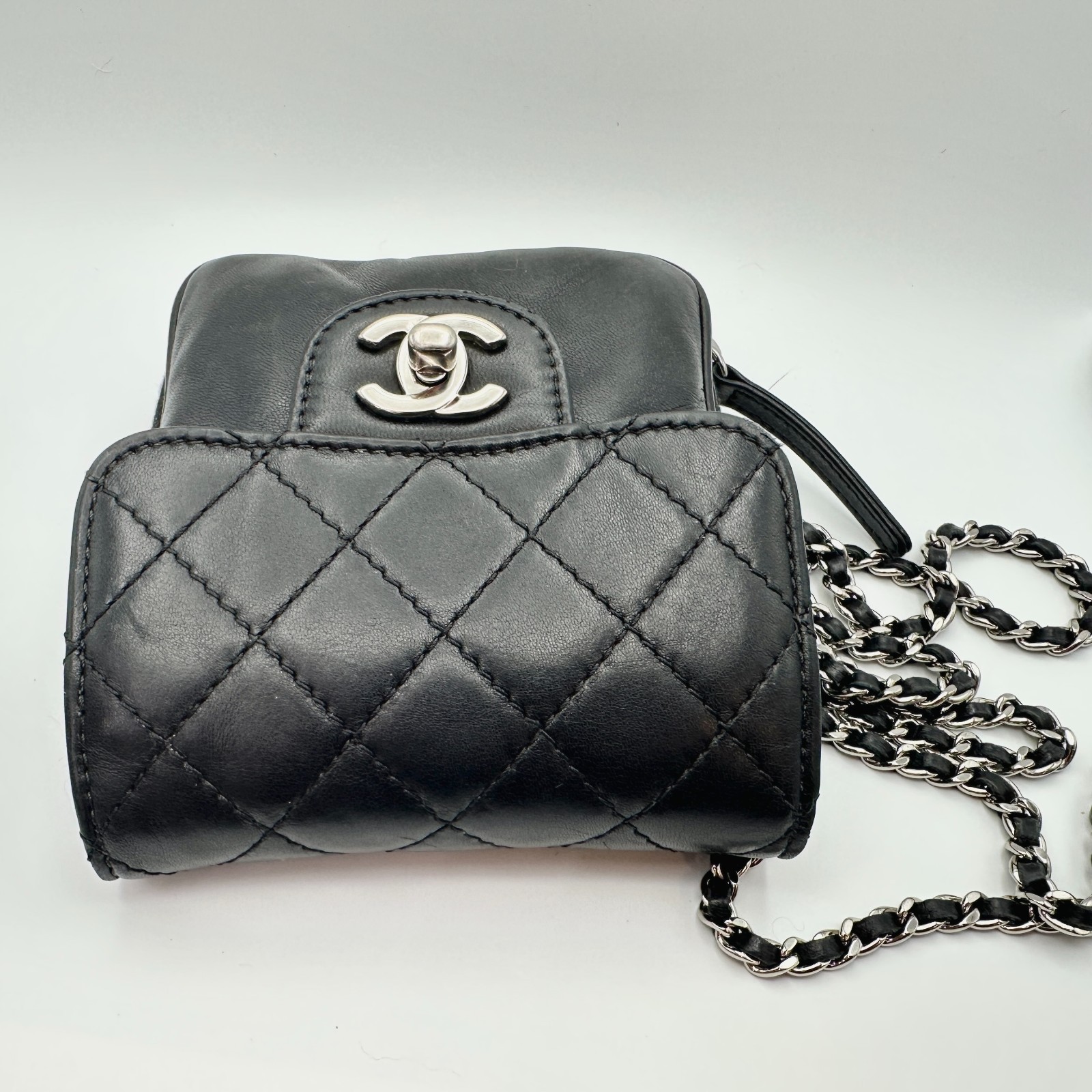 CHANEL Clams Wallet on Chain WOC Black Lambskin Silver Hardware 2012 Authentic