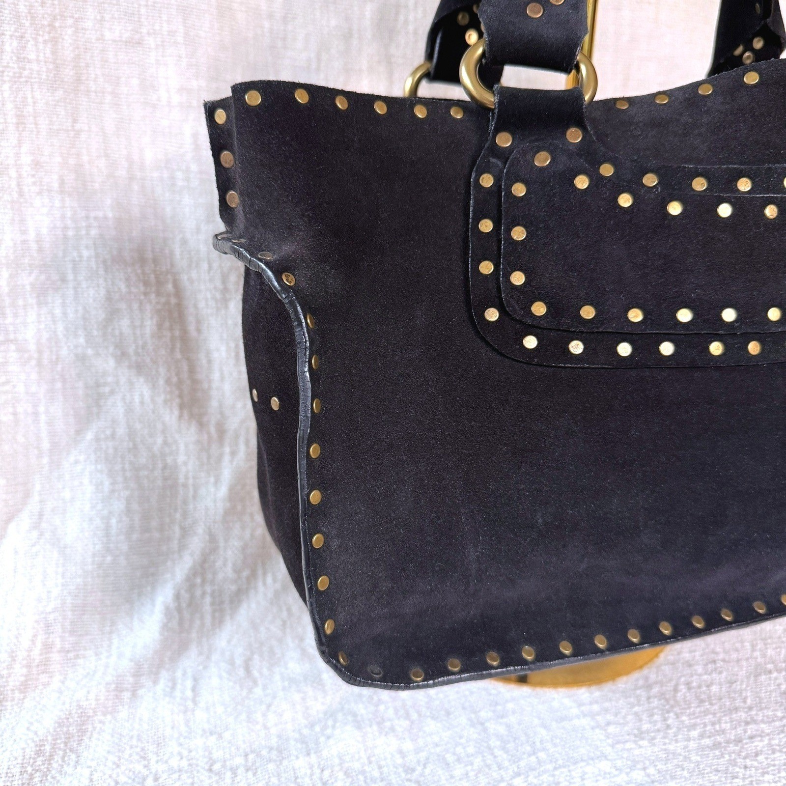 Vintage Celine Boogie Bag Black Suede Gold Studded Satchel Handbag