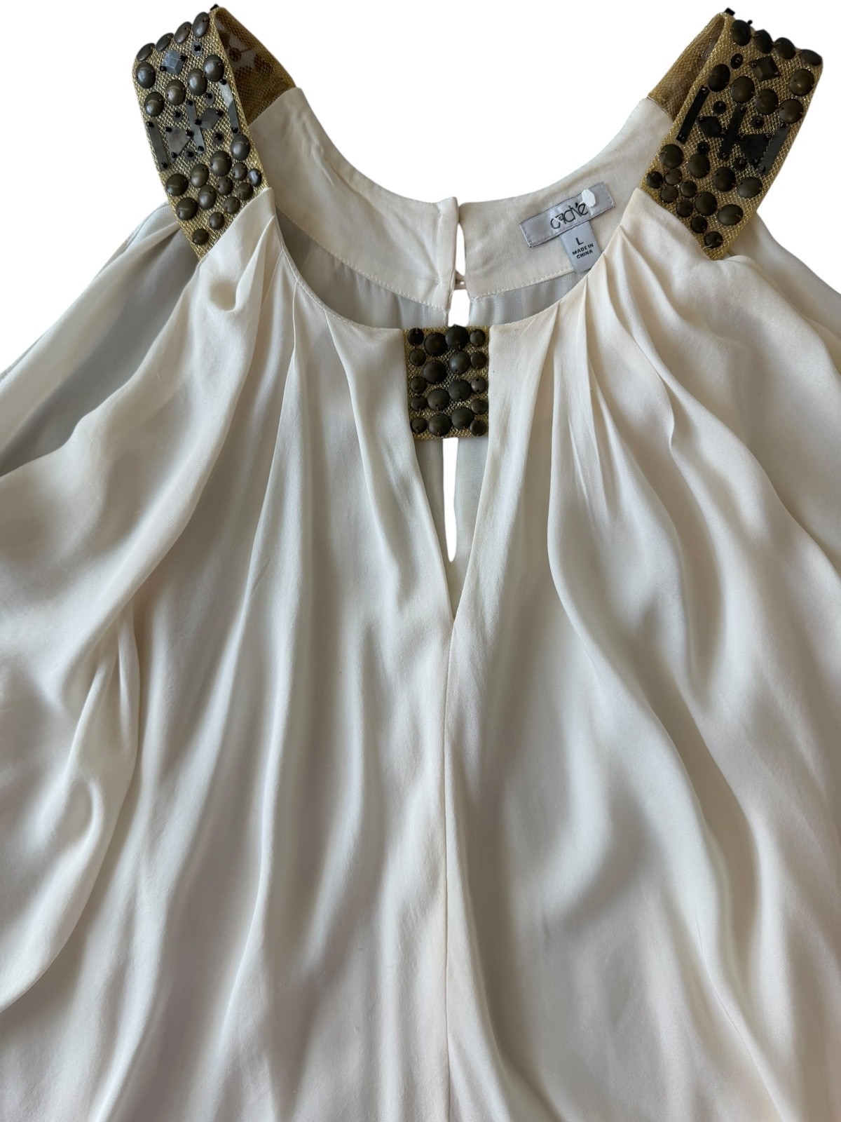 Cache Y2K 100% Silk Solid White Blouse Size L Large Embellished Sleeveless