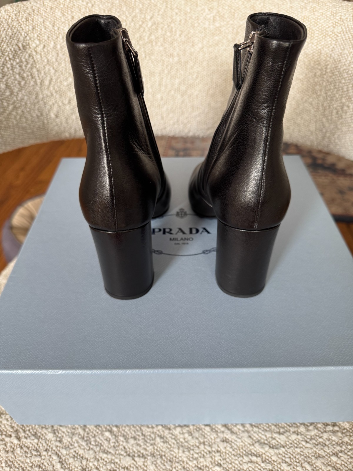 Prada Black Leather Ankle Boots Block Heel Side Zip Size 34 EU 4 US