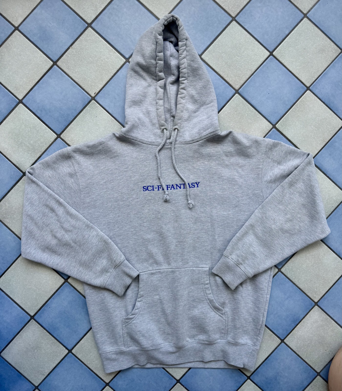 Sci-Fi Fantasy Heather Grey Hoodie, Embroidered Blue Logo, Large (L)