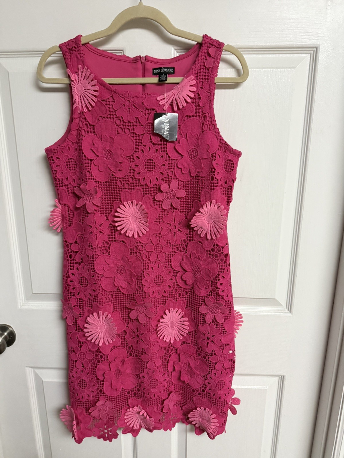 NINA LEONARD Bright Pink Crochet Floral Sleeveless Short Summer Sheath Dress S