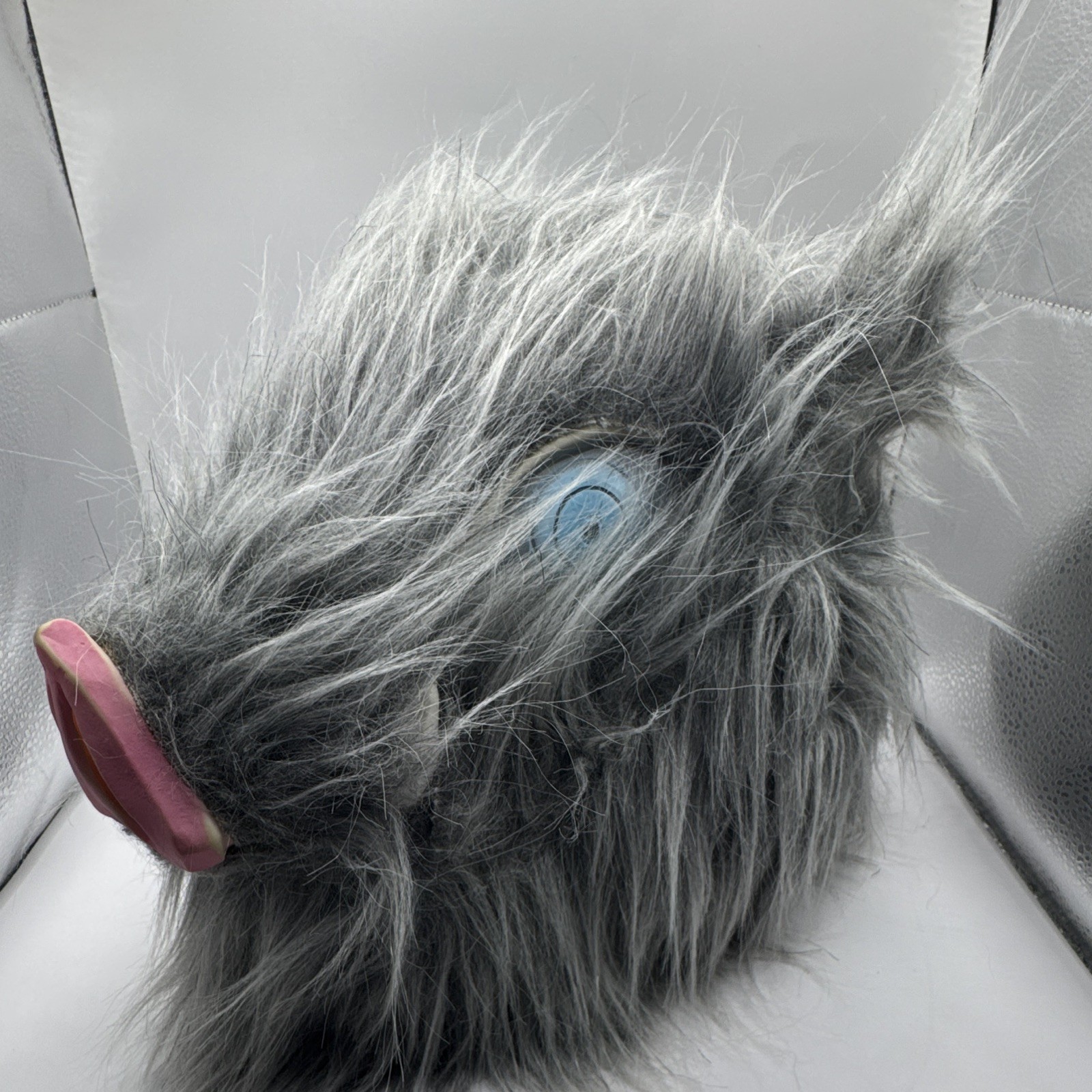 Gray Latex Animal Full Head Mask w/ Hair, Snout & Blue Eyes – One Size