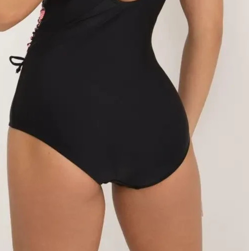 Womens M Black OnePiece Swimsuit TummyControl Wireless Padded Floral Print Comfy