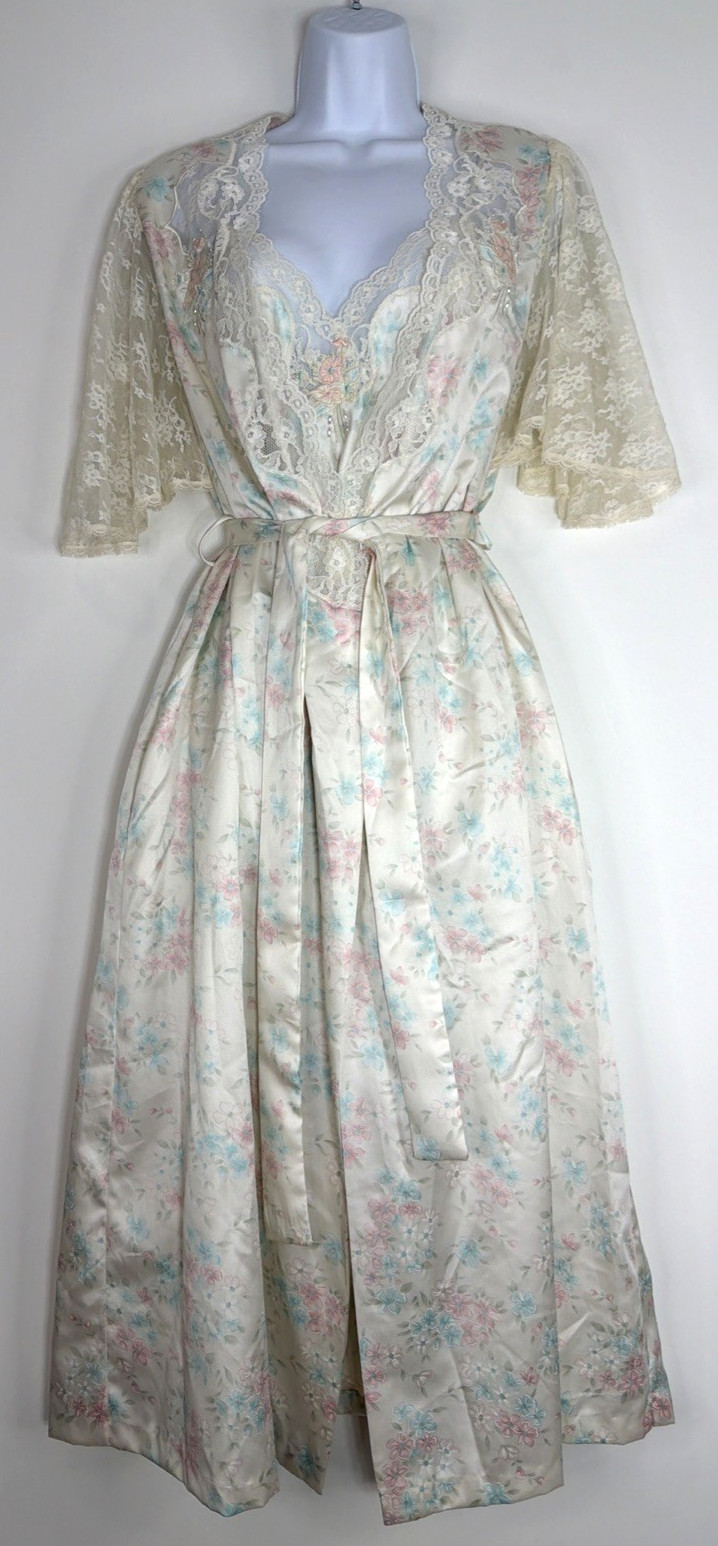 VTG Sara Beth Satin Poly Nightgown Robe Set Pink/Blue Floral Lace Bridal Small