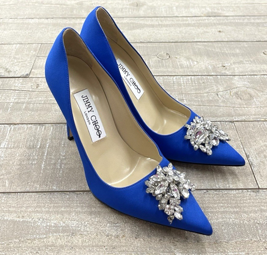 New Jimmy Choo Satin Manda Crystal Embellished Pumps In Blue Size: 35 (US 5)