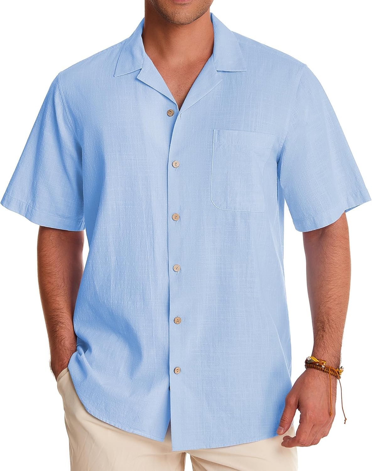 Mens Short Sleeve Linen Cotton Hawaiian Shirt Button Down Cuban Beach Tops