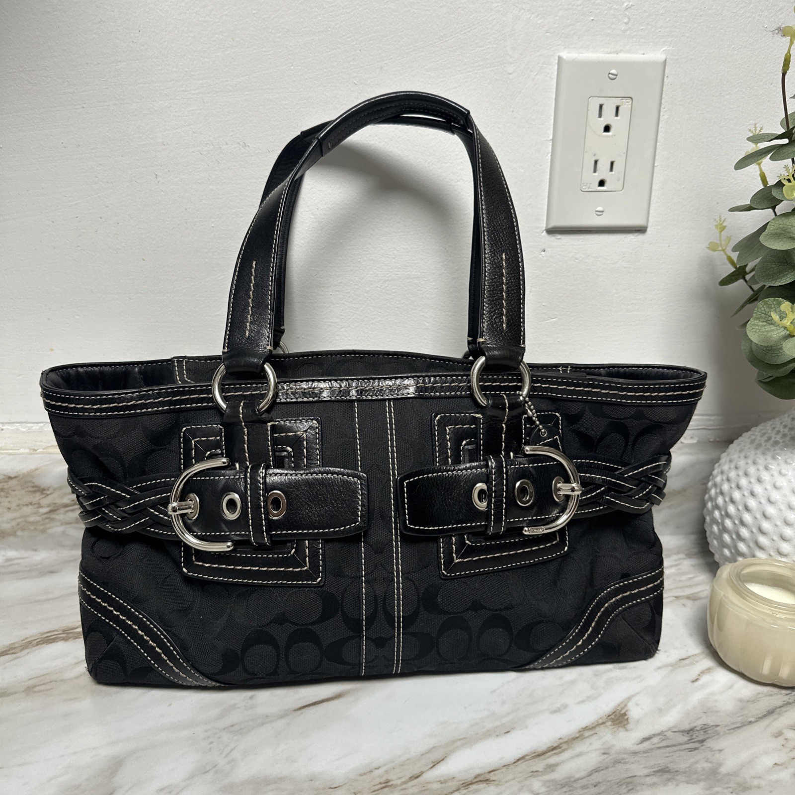 Coach Black Satchel Braided Buckle Accent Logo Zip Silver Hardware Inner Pockets