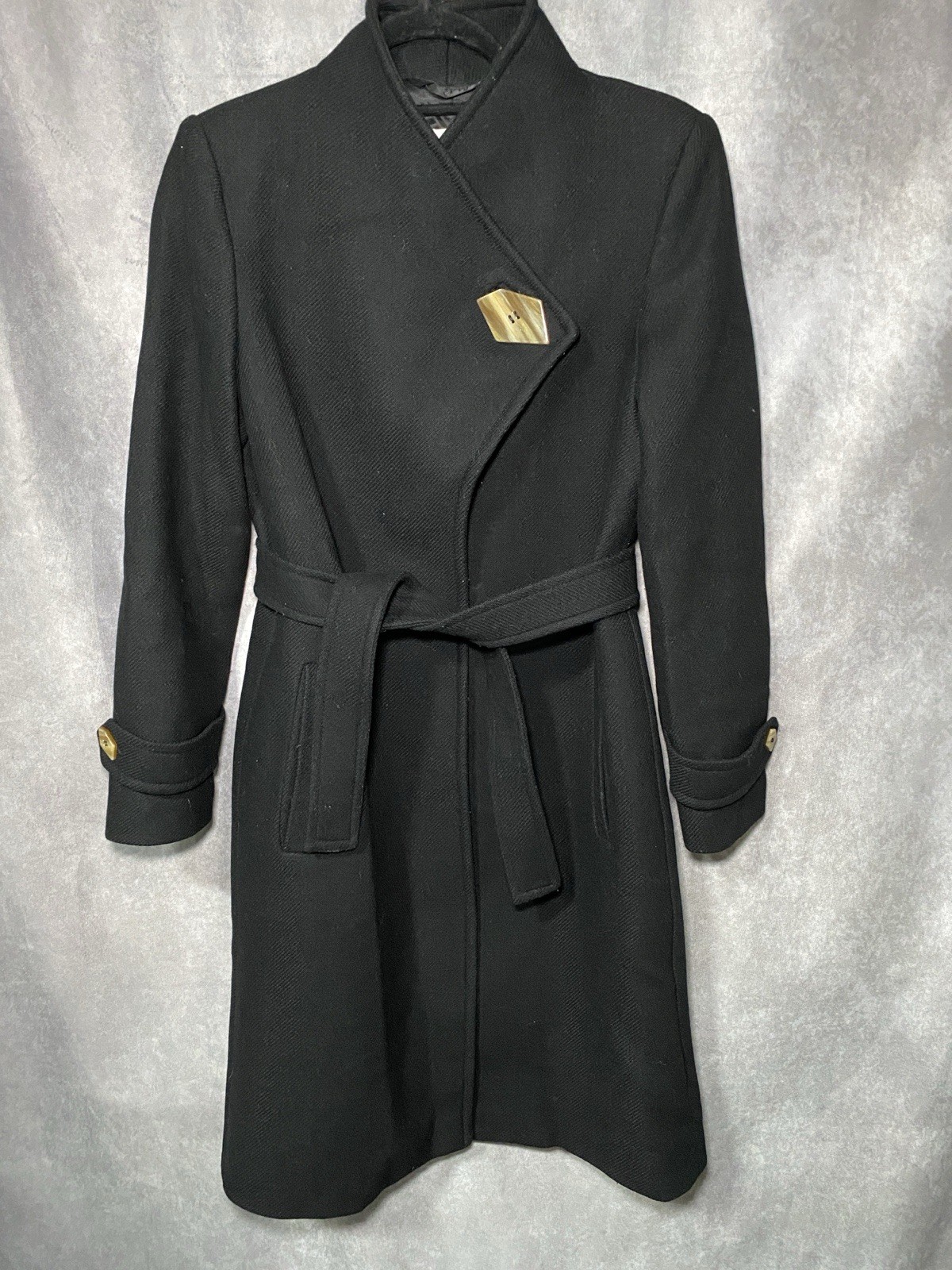 MNG Black Wool Blend Belted Long Trench Coat Women XS Capsule Wardrobe Luxury