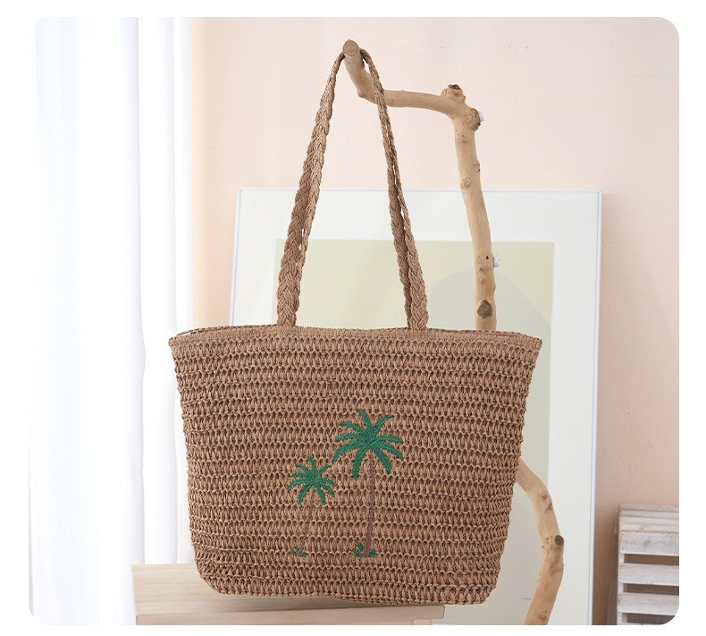 Women Coconut Tree Pattern Large Capacity Solid Color Straw Shoulder Bag For