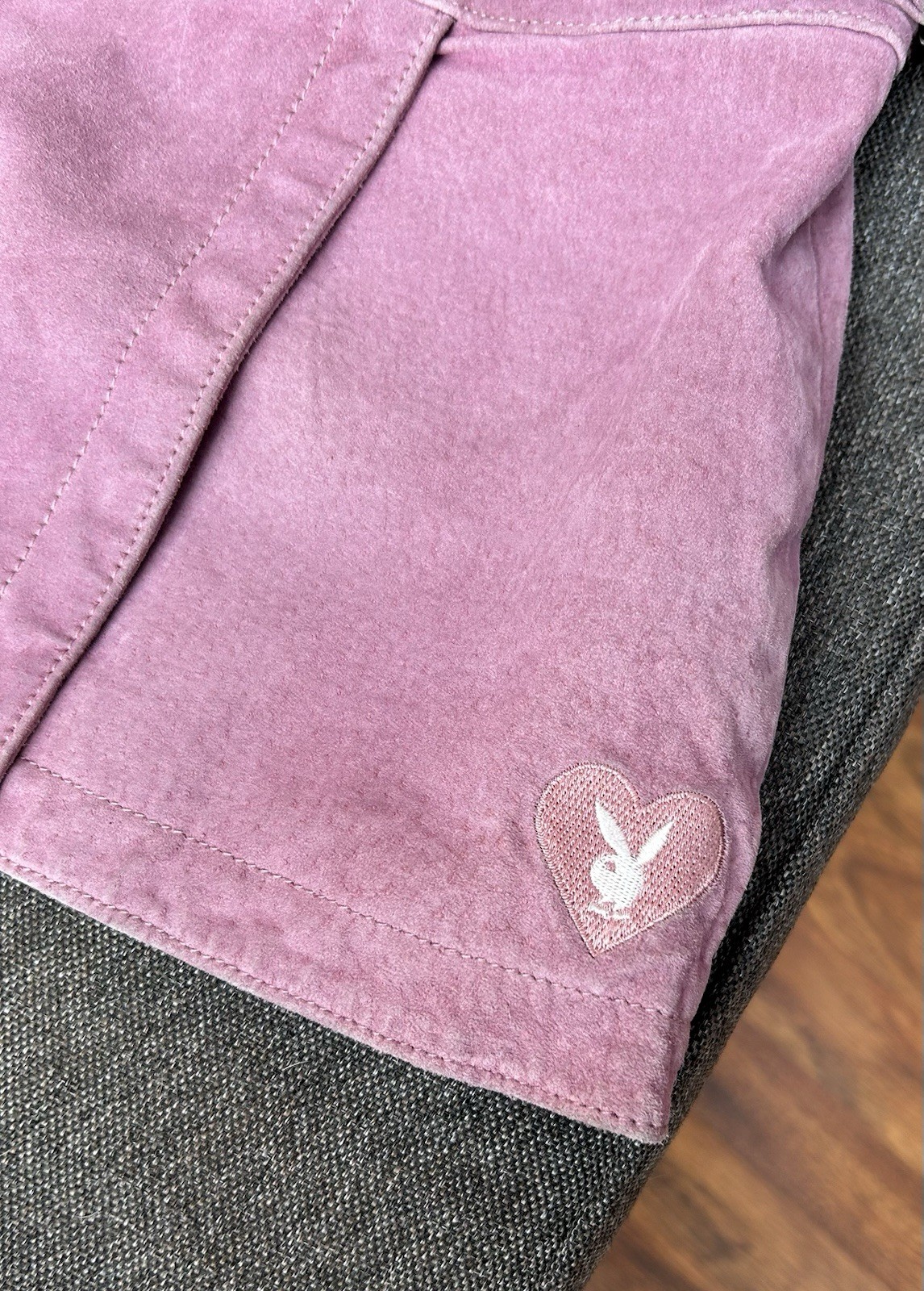 Vintage Playboy Pink Suede Bunny Head Logo Mini Wrap Skirt Buckled Detail Sz 10