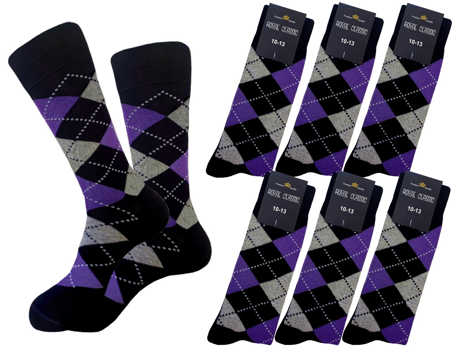 1-3-6-12 PAIR DRESS SOCKS BLACK PURPLE BLACK DIAMOND ARGYLE COTTON SOCKS 10-13