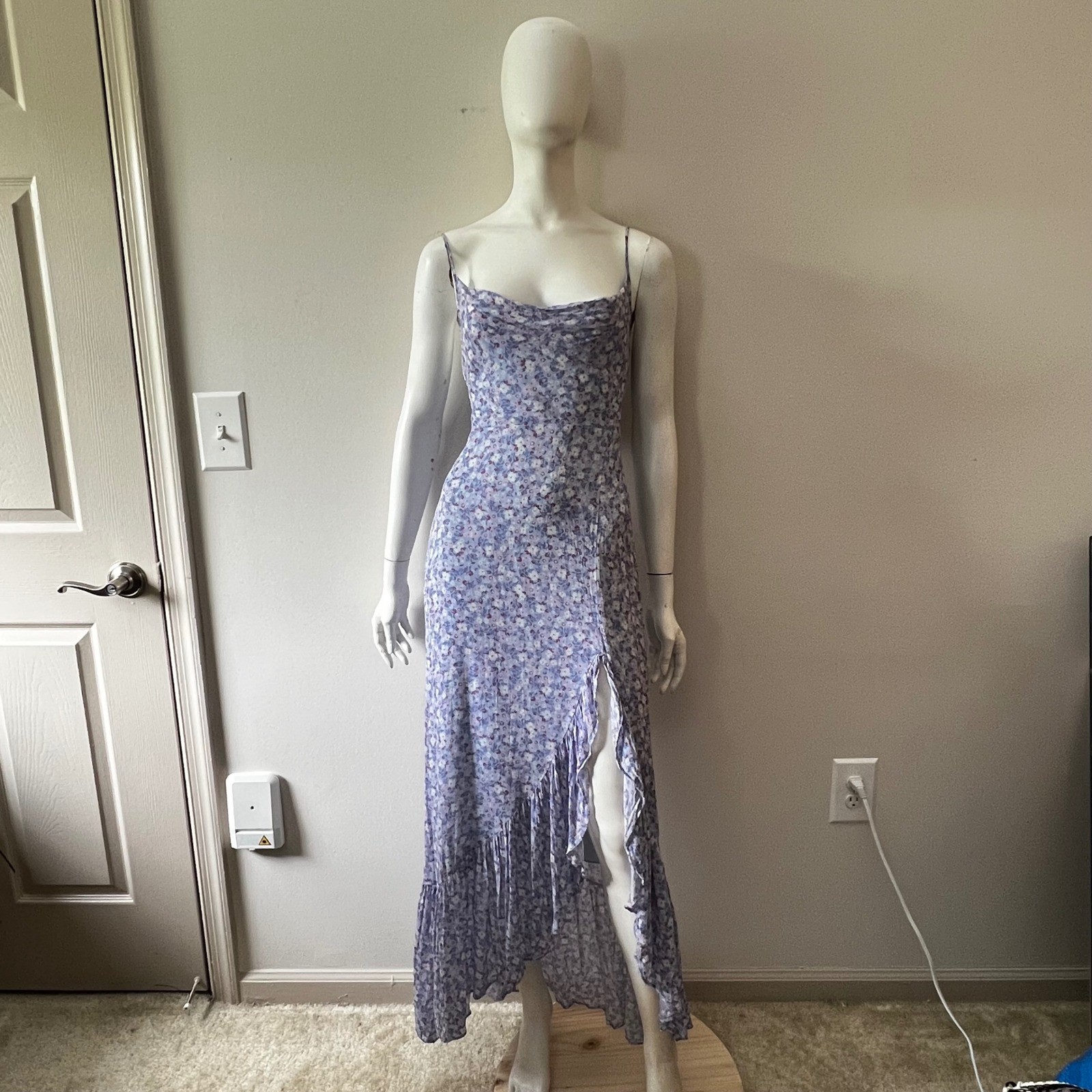 Yumi Kim Lavender Floral Cowl Neck Maxi Dress Ruffle Slit Boho fairy core