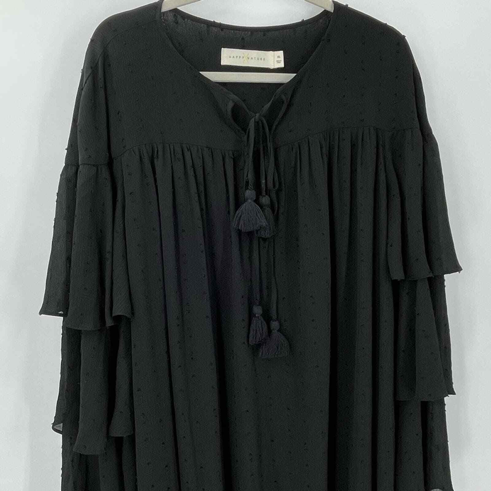 NWT Happy X Nature XL Tiered Swiss Dot Dress Black Long Sleeves