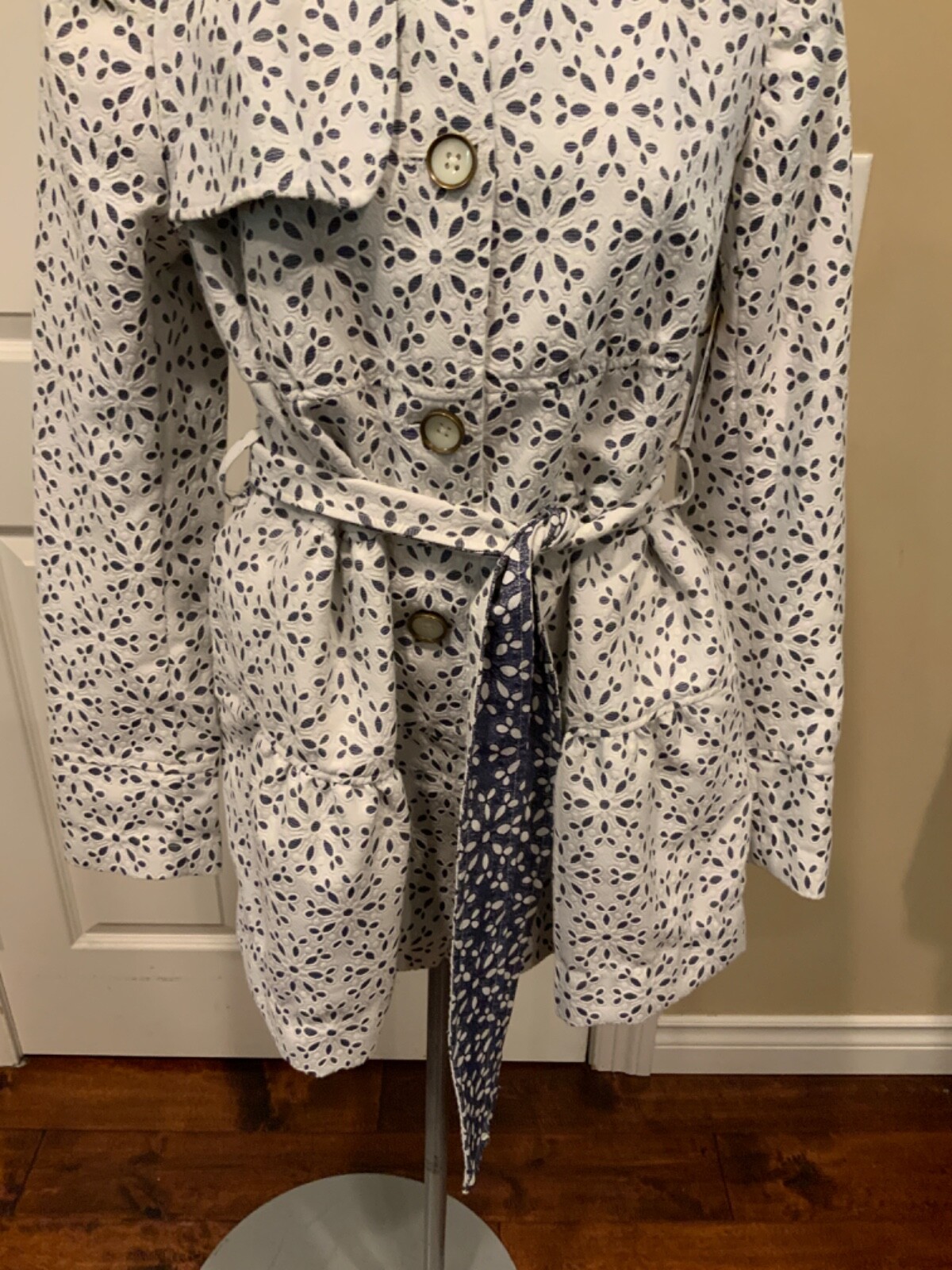 Elevenses White & Chambray Floral Eyelet Patterned Peplum Trench Jacket, Size 12