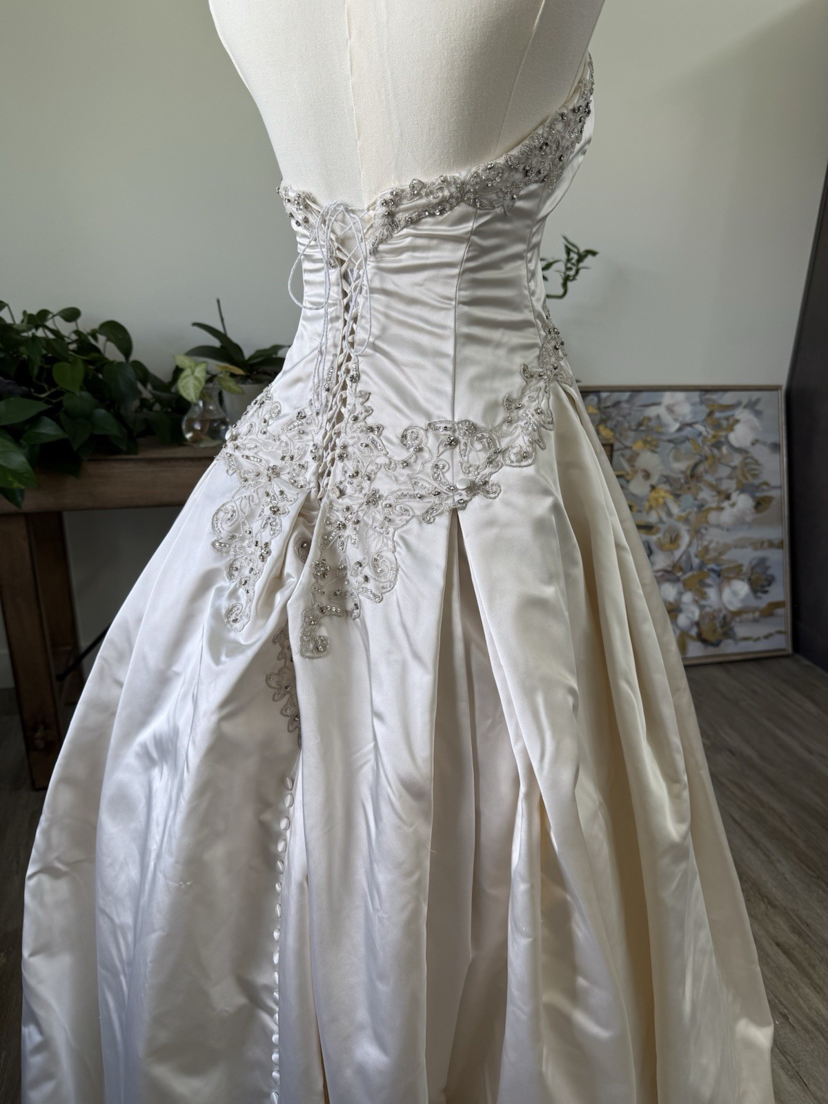 Kenneth Pool Strapless Beaded Satin Ball Gown Wedding Dress Corset Back Train