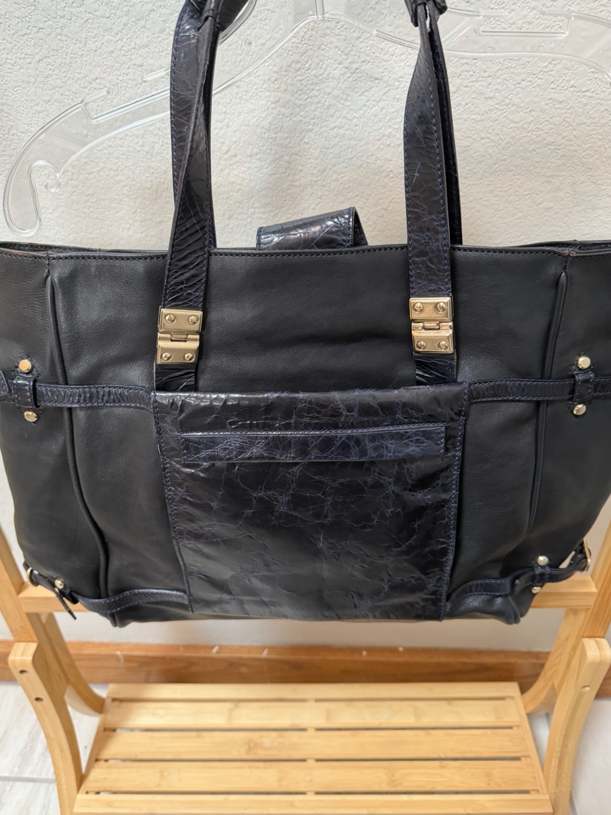 GRYSON Black Leather Tote Bag, Gold Hardware, Zipper & Studded Accents