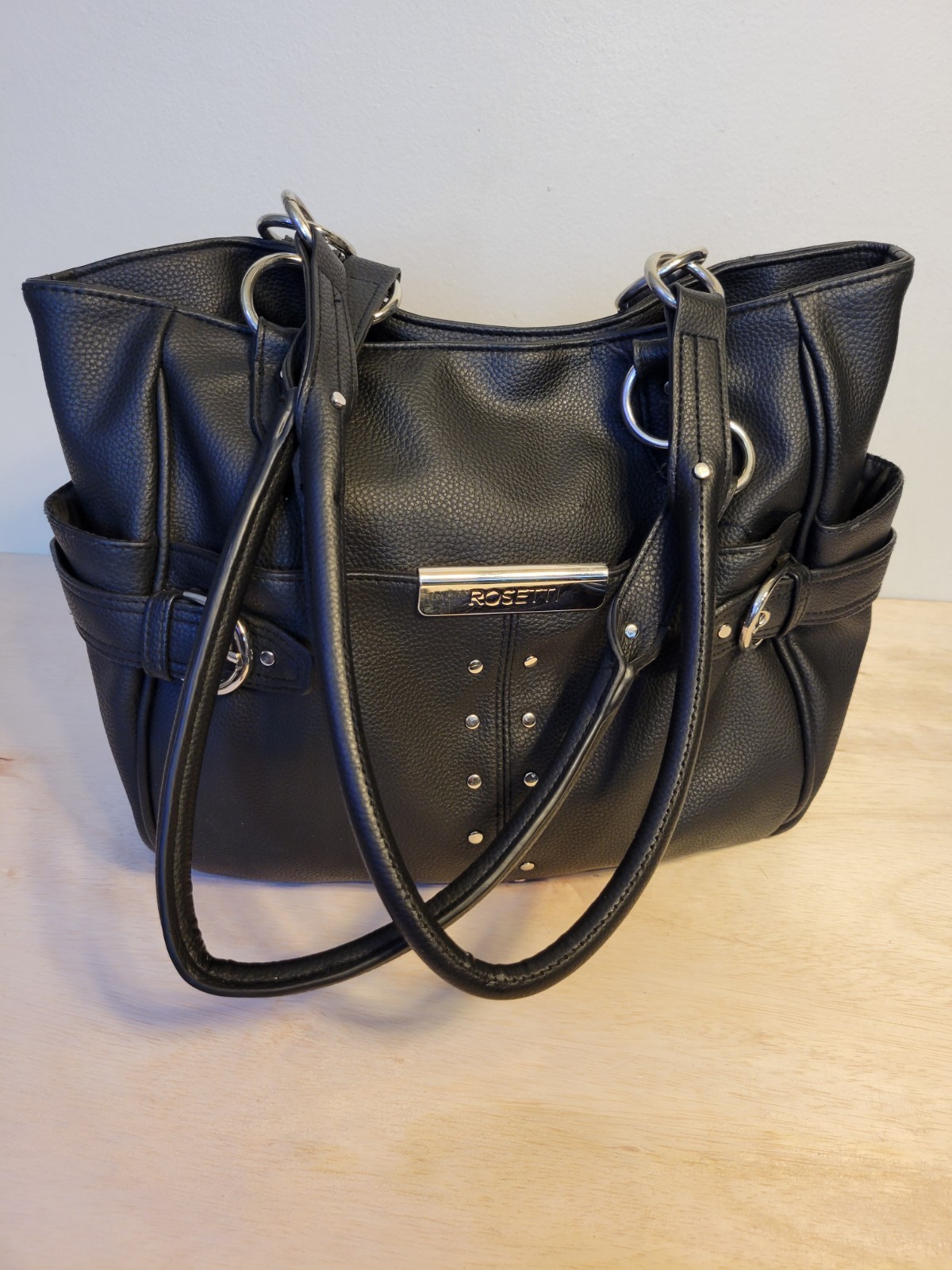 Rosetti Black Shoulder Bag Studded Buckle Accents Magnetic Zip Silver Hardware