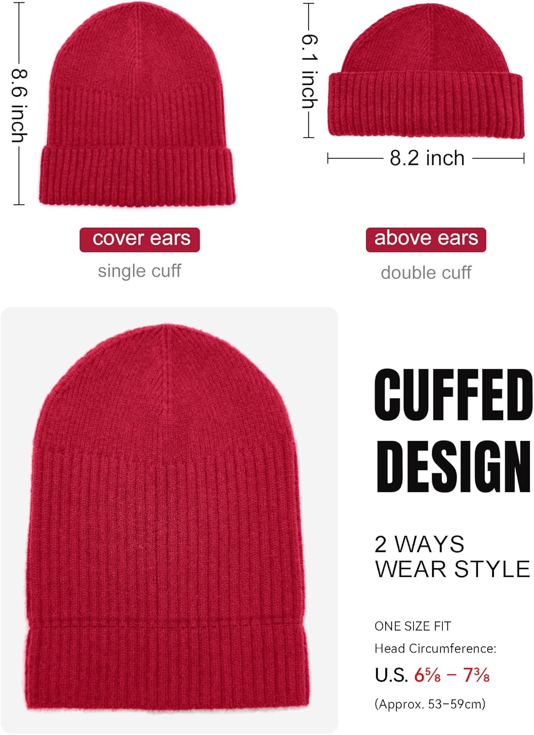 Wool Double Cuff Beanie for Men Women Warm Winter Fisherman Knit Cap