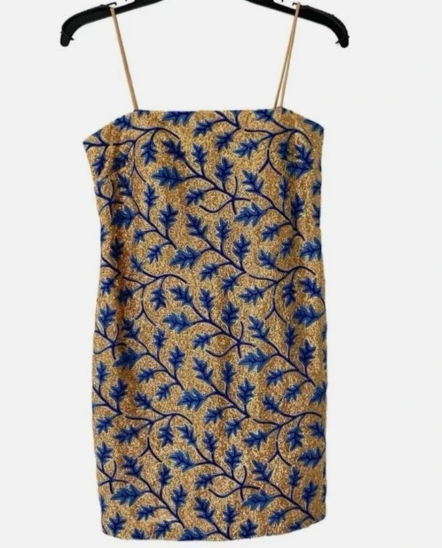 Odells Dress – Gold Sequin and Blue Embroidery Dress with Straps
