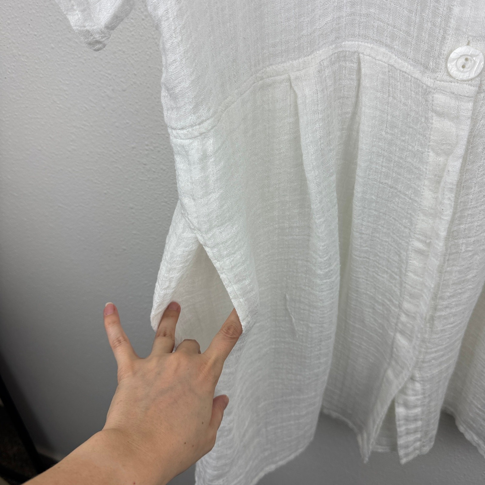 FLAX White Linen Tunic Top S Pockets Button Front