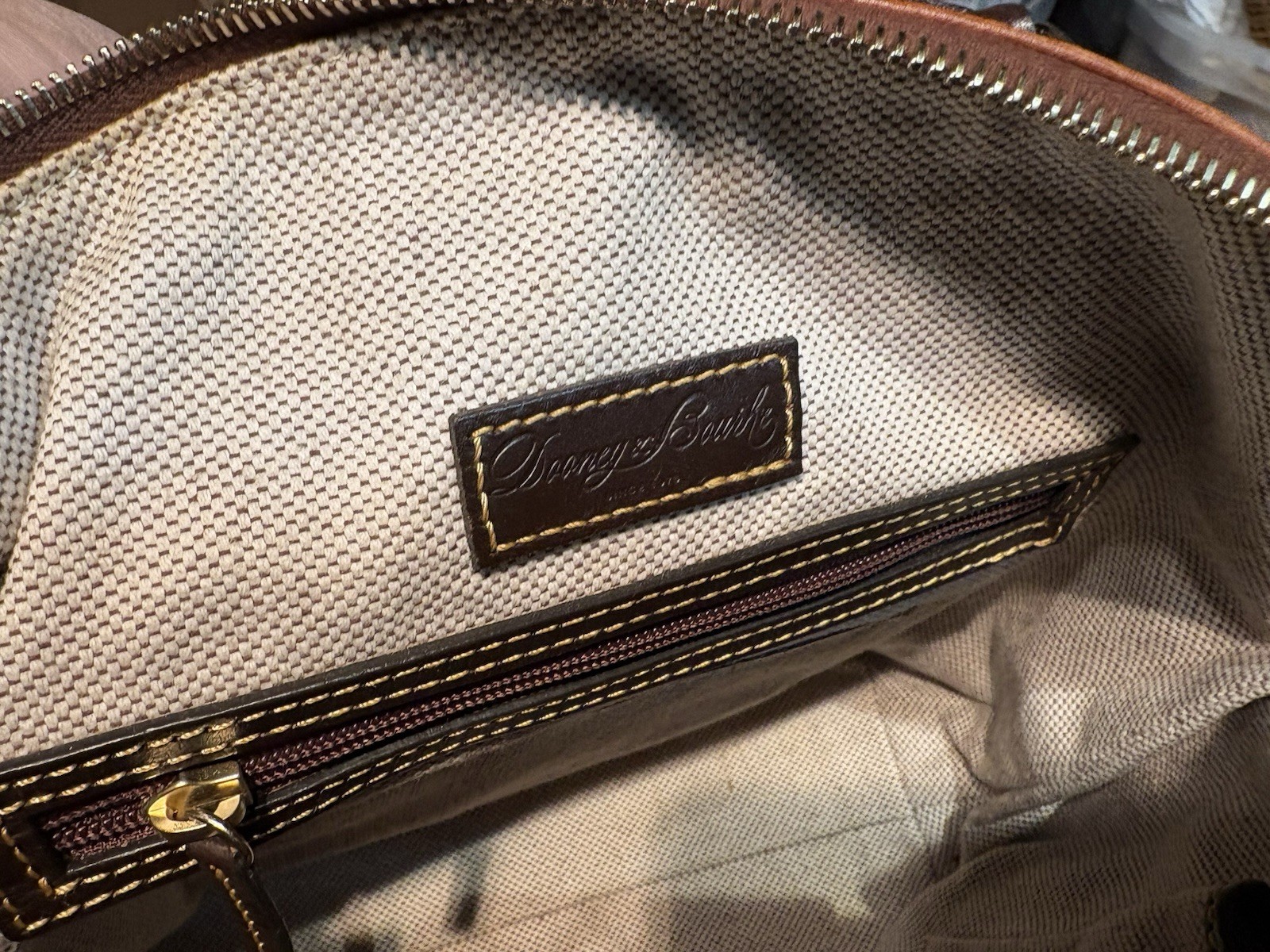 Dooney Bourke Chestnut Brown Ostrich Embossed Leather Front Pocket Satchel Tote