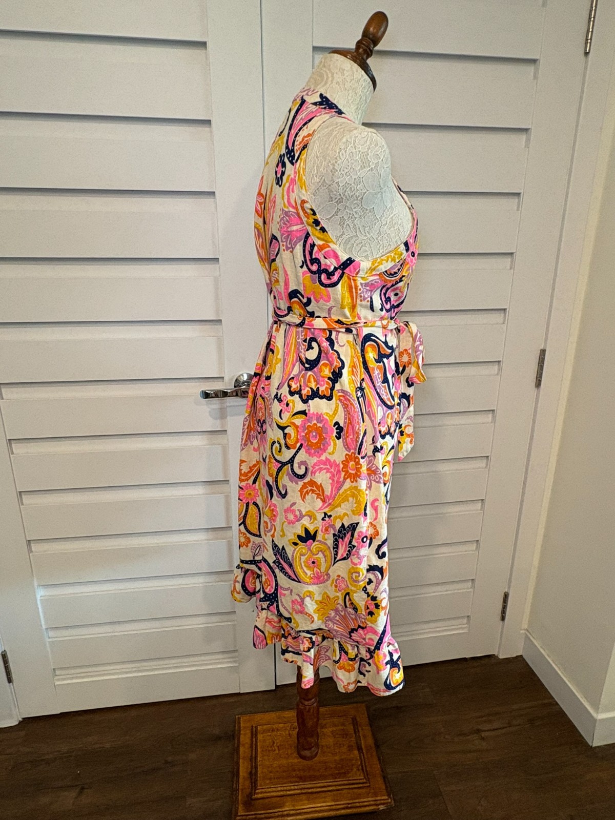 JB By Julie Brown Kaylah Paisley Linen Blend Halter Wrap Rush Midi Dress L