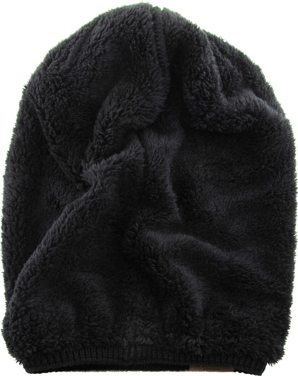 KB ETHOS Oversized Slouch Sherpa Fleece Fur Lined Black Winter Beanie Hat